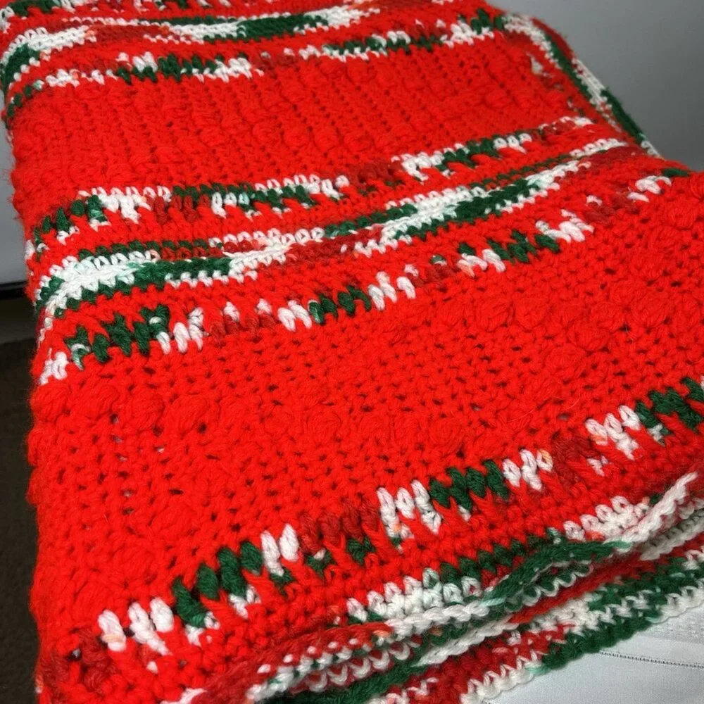 Vintage Christmas Crochet Granny Afghan Blanket Throw Candy Cane Stripe 66”x48”